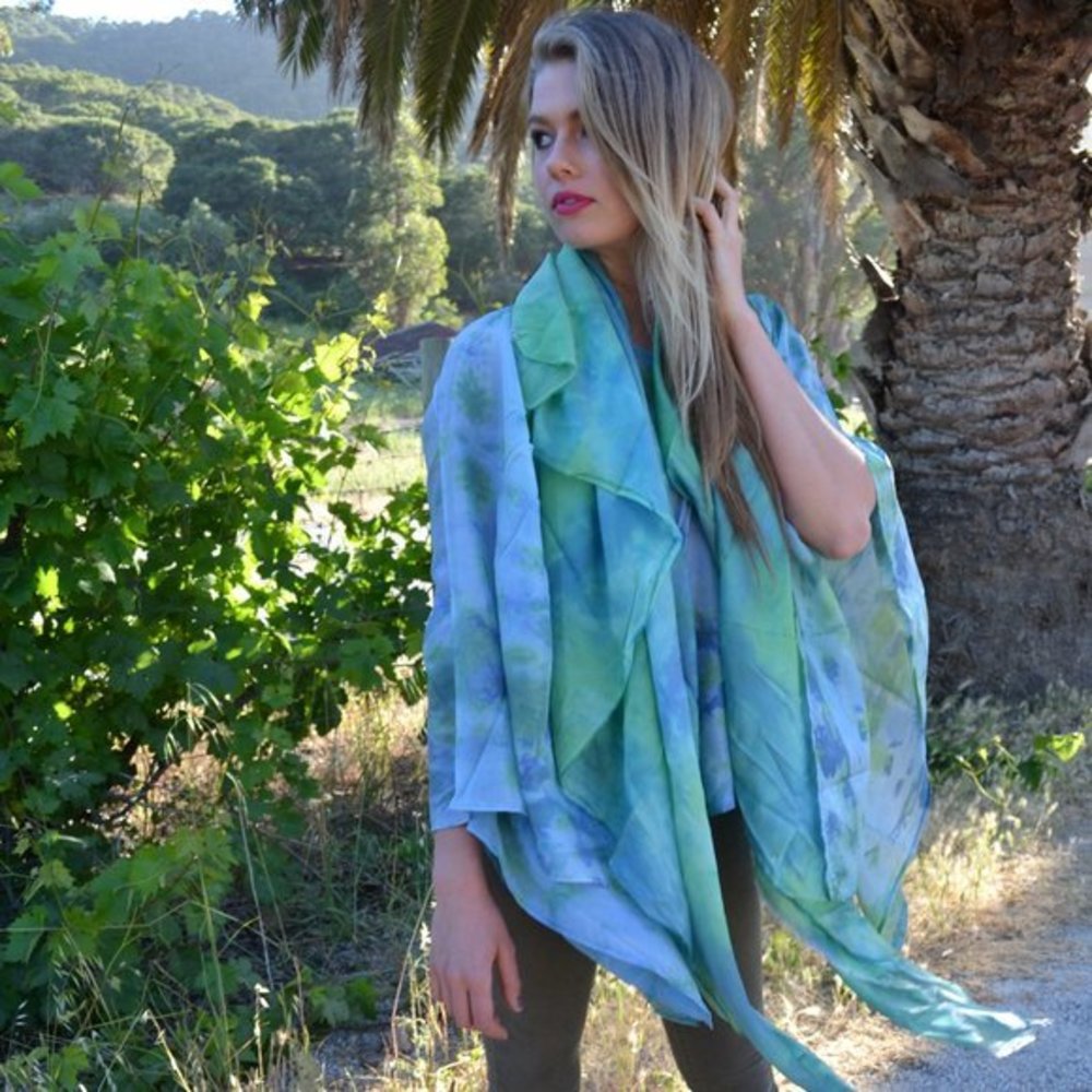 NEW Silk Caftan Kaftan top batwing shirt resort S M L XL green blue painted dyed - Picture 7 of 8